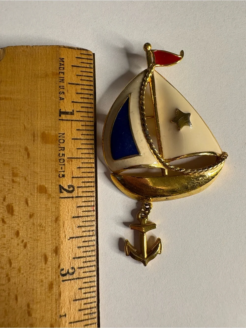 Avon Gold-tone Sailboat Pin with White, Blue & Red Enamel
